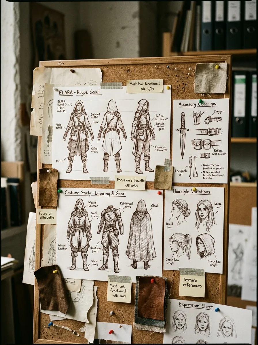 Character reference panels and outfit detail studies