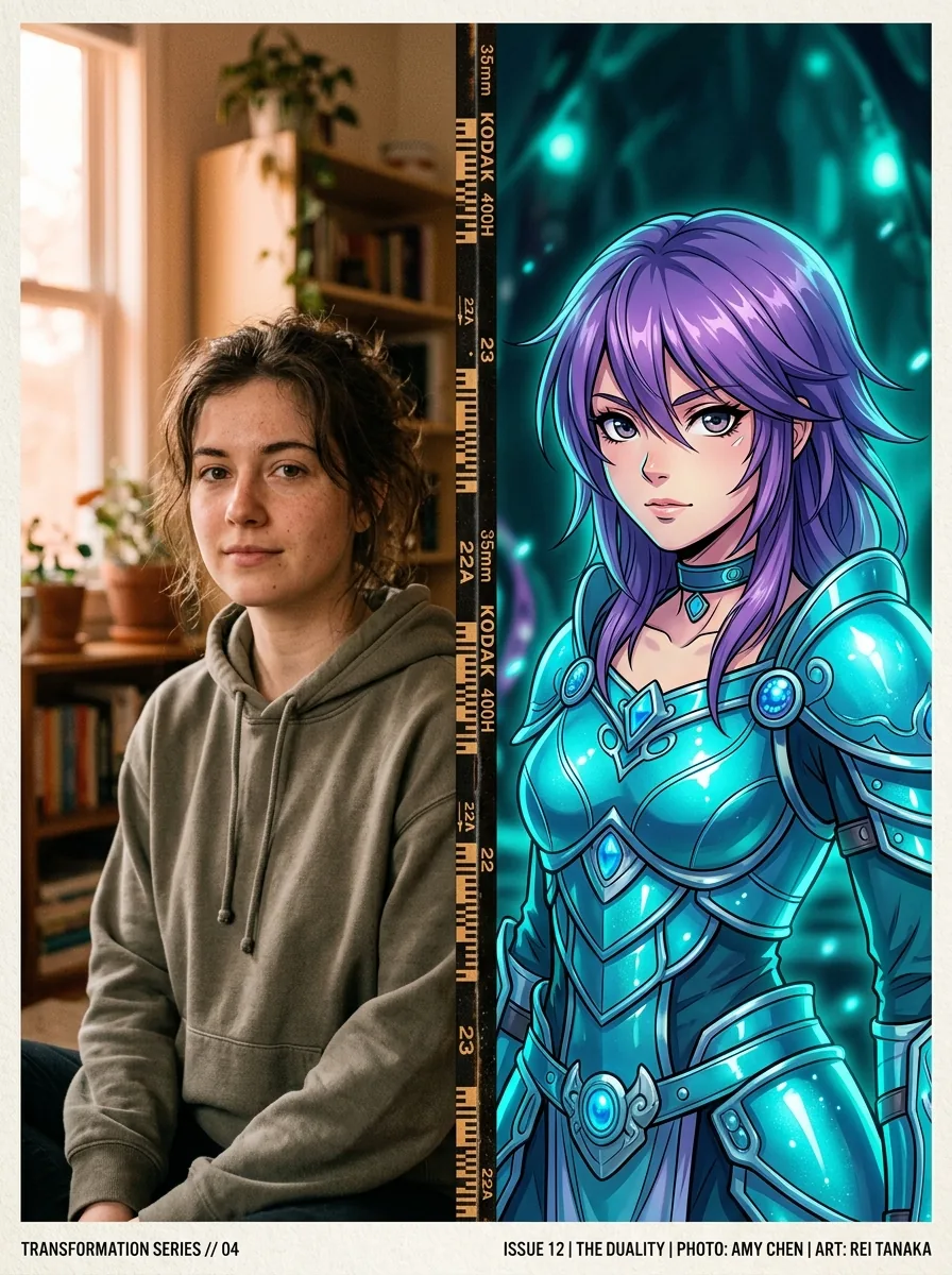 Selfie transforming into anime cosplay character video