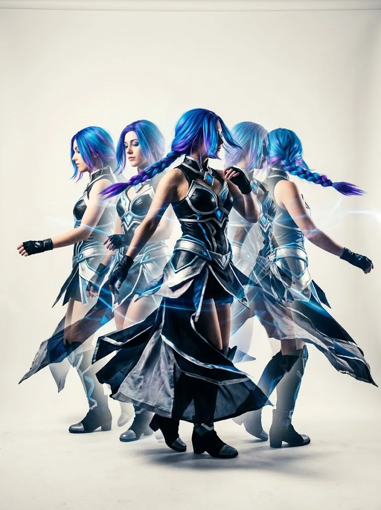 Cosplay character motion frames and camera path overlays