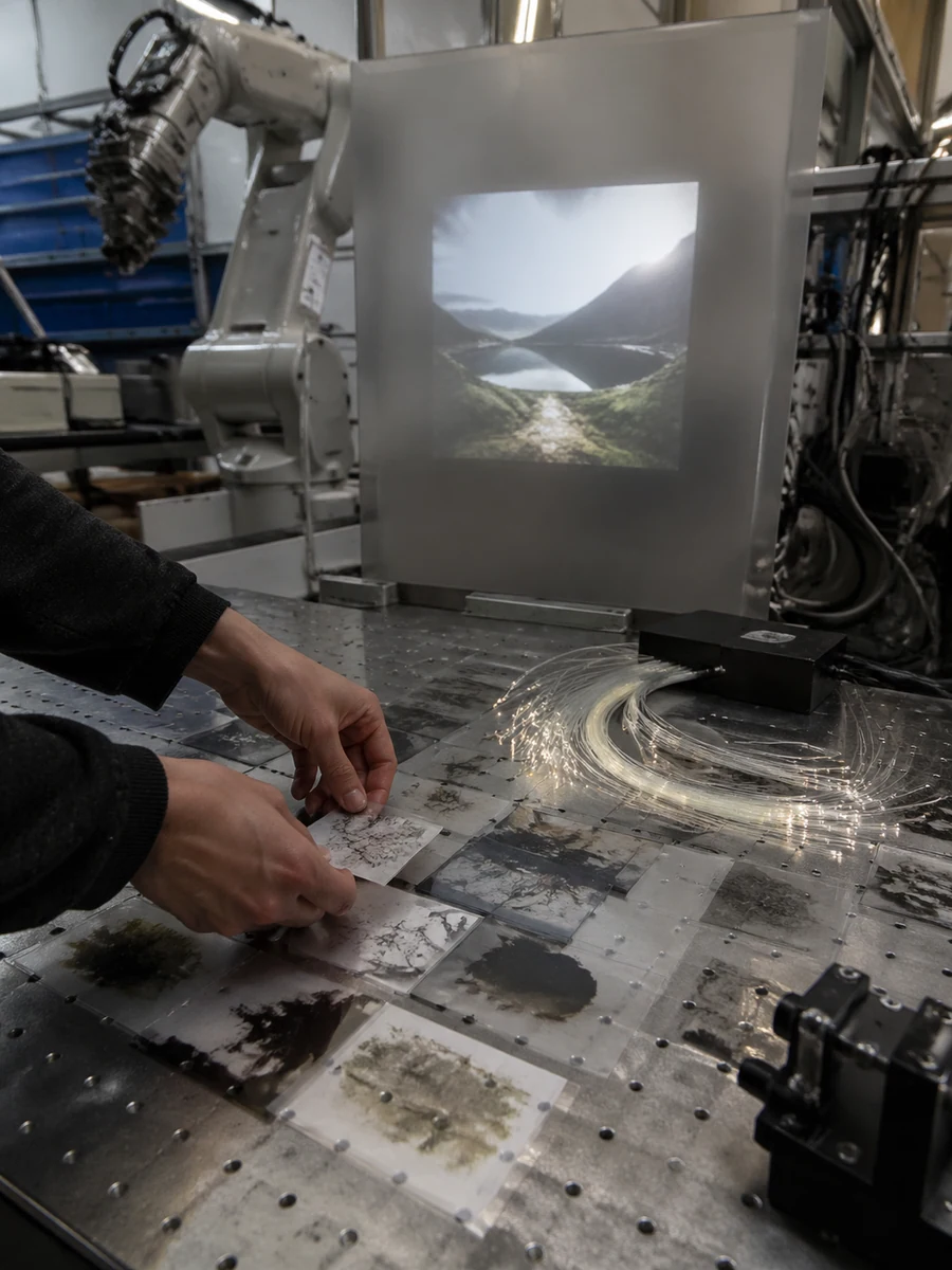 Documentary lab scene with projected image references and optical cables