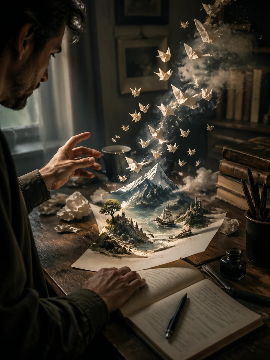 Paper prompts on a desk transforming into a vivid miniature landscape