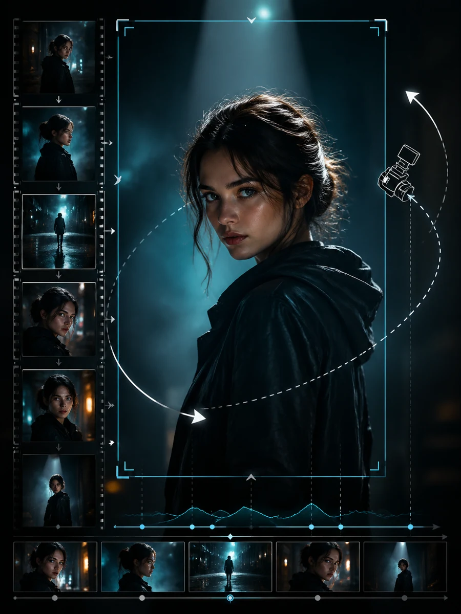 Generated AI still image expanding into a cinematic video storyboard workflow