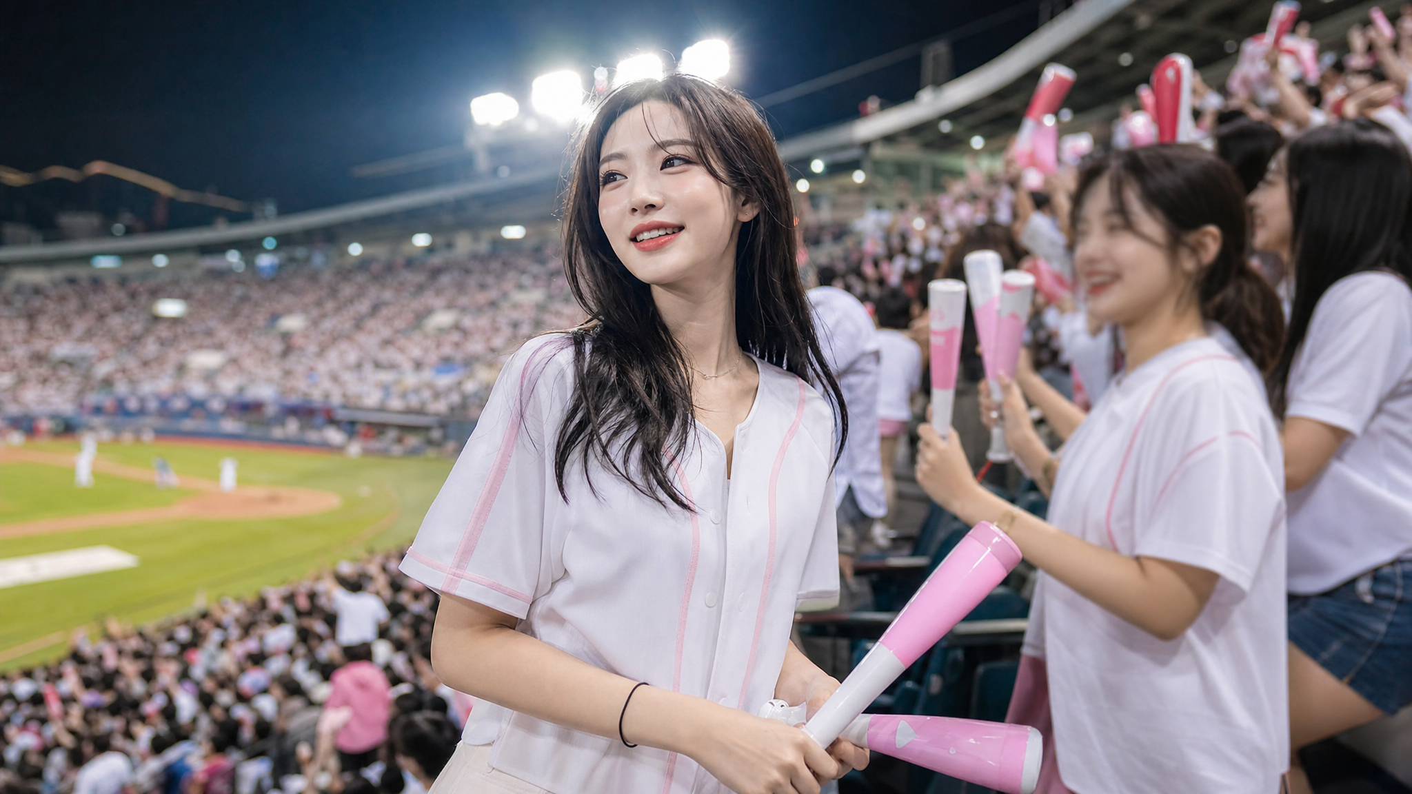 Game-night stadium atmosphere for a Korean baseball-inspired AI video
